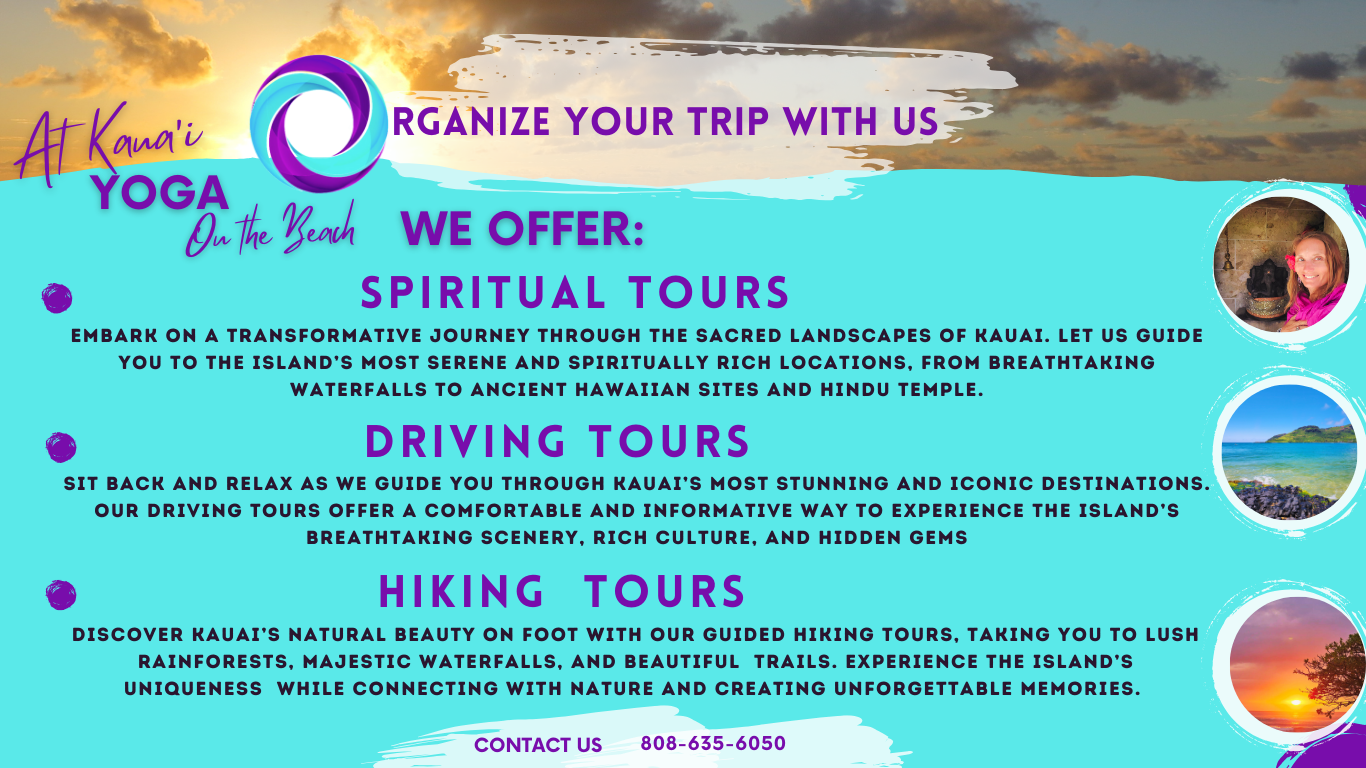 A flyer showing with text explaining types of yoga tours and 3 images of people doing yoga
